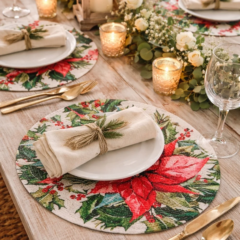 Rachel Ashwell Farmhouse Placemats Poinsettia 100% Cotton Set Of 4  Christmas